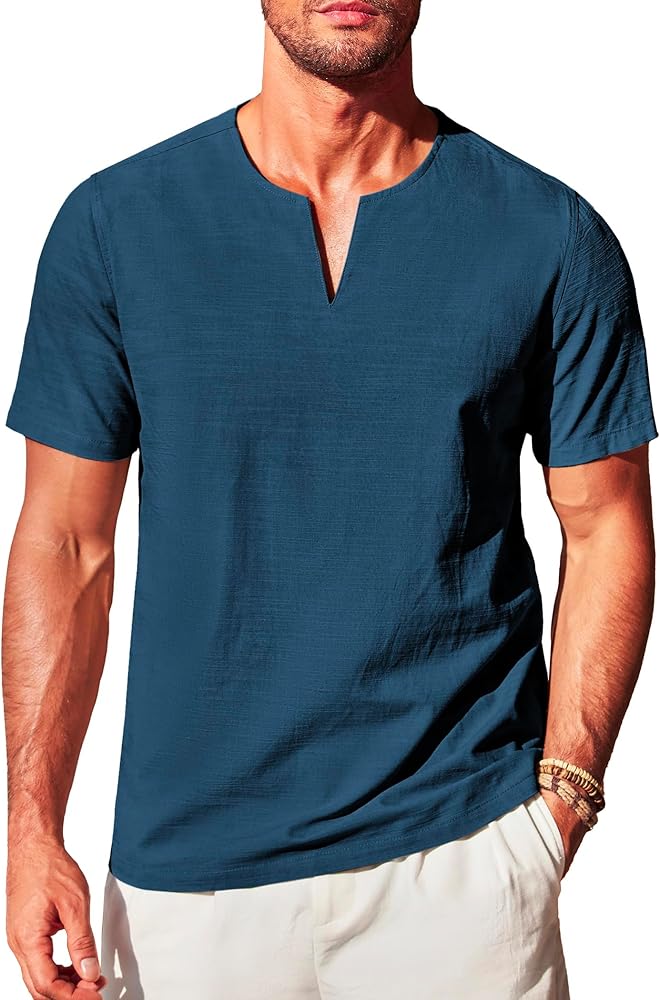 COOFANDY Men's Cotton Linen V Neck Tee Beach Summer Henley Shirts Short Sleeve Tshirt Casual Yoga