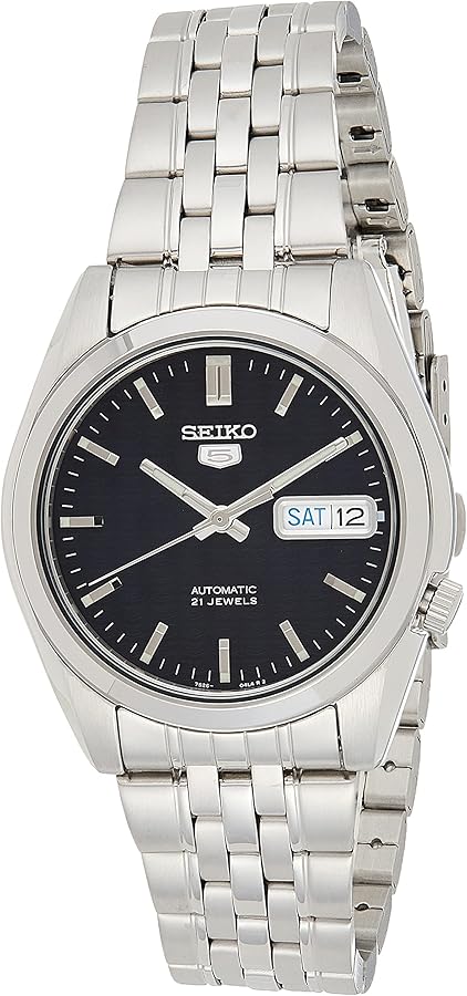 SEIKO SNK357 Automatic Watch for Men 5-7S Collection - Striking Black Dial with Day/Date Calendar, Luminous Hands, Stainless Steel Case & Bracelet