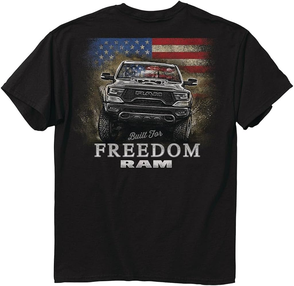 Dodge Ram - Built for Freedom T-Shirt, Black | American Flag Truck Design | 100% Cotton