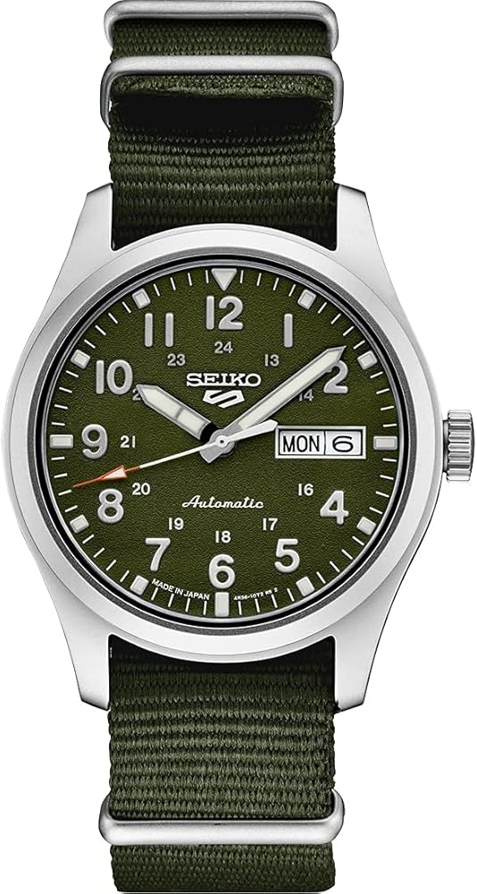 SEIKO SRPG33 Watch for Men - 5 Sports - Automatic with Manual Winding Movement, Green Dial, Stainless Steel Case, Green Nylon Strap, 100m Water Resistant, and Day/Date Display