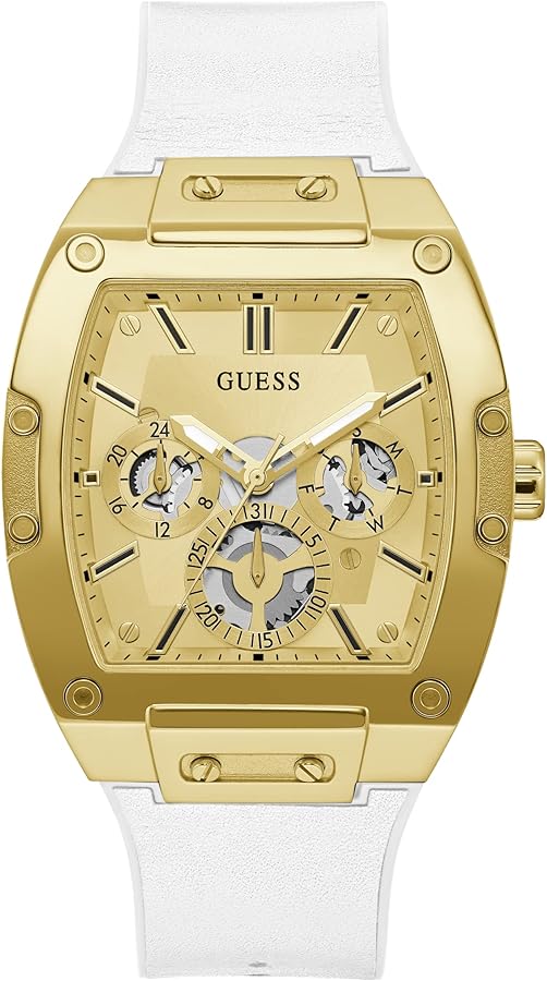 GUESS Men's Trend Multifunction Tonneau 43mm Watch – Gold-Tone Dial & Stainless Steel Case with White Silicone Strap