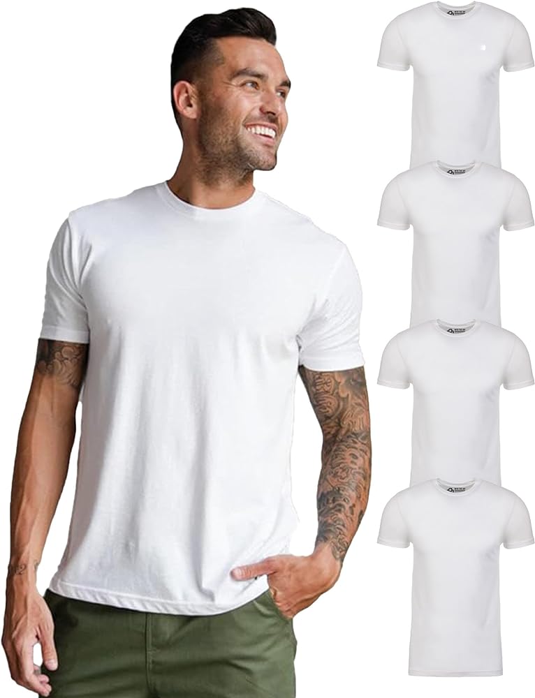 INTO THE AM Premium Men's Fitted T-Shirt 4-Pack - Modern Fitted Fresh Classic Crew Neck Essential Tee Shirts Men Multi Pack (White/White/White/White, Medium)