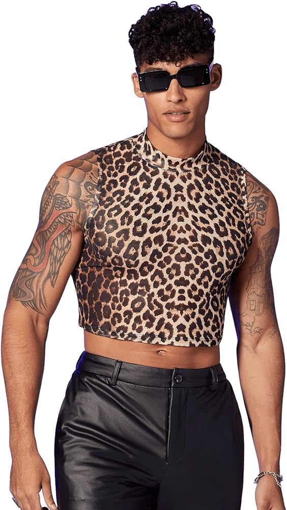 SweatyRocks Men's Leopard Print Sleeveless Mock Neck Slim Fit Crop Tank Top