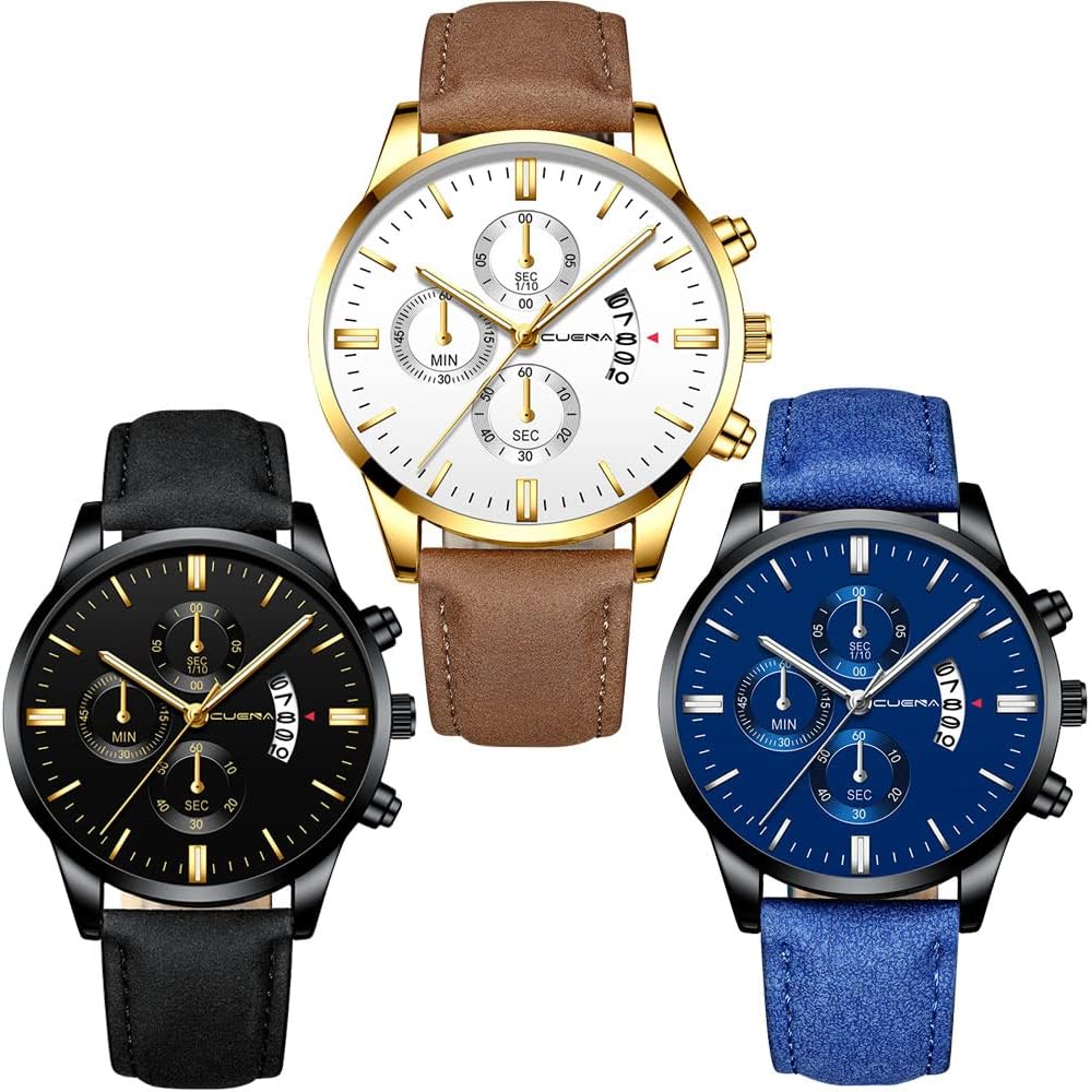 3 Pack Mens Watch Waterproof Quartz Chronograph Watches Business Work and Sport Design Minimalist Classic Leather Band Strap Wrist Watch for Men (Color A)