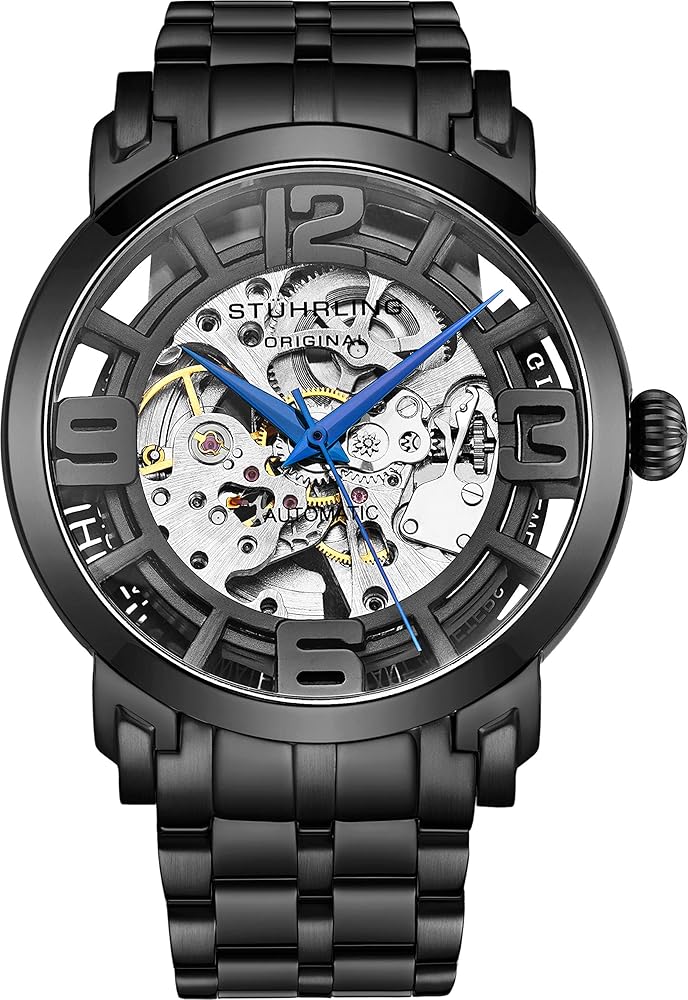 Stuhrling Original Winchester Automatic Watch for Men - Skeleton Mechanical Dress Watch with Leather Band - Black