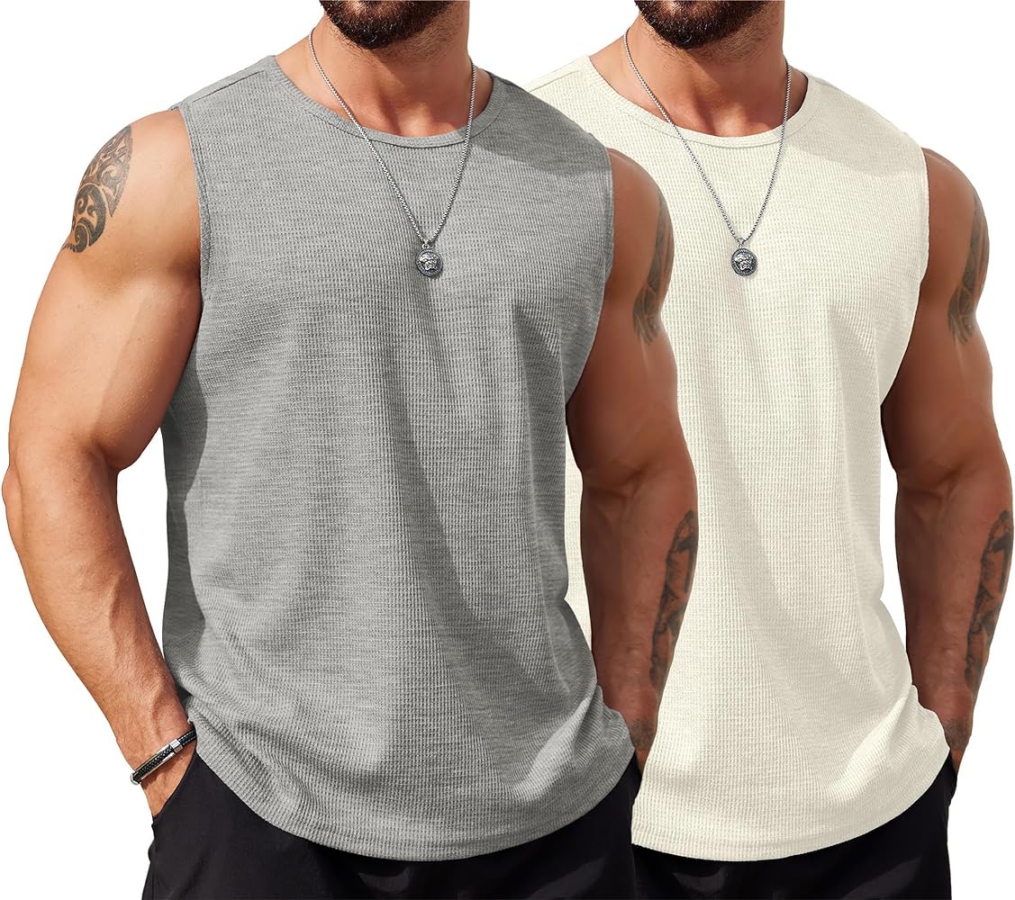 COOFANDY Men's Knitted Tank Tops 2 Pack Sleeveless Casual T Shirts Summer Beach Tank Shirts Waffle Tee