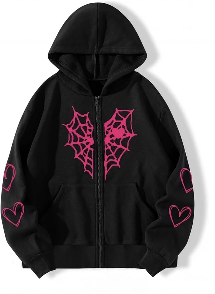 Y2K Gothic Spider Web Heart-shaped Print Hoodied Pullover Punk Zip Up Jacket Coat Harajuku Loose Oversized Streetwear