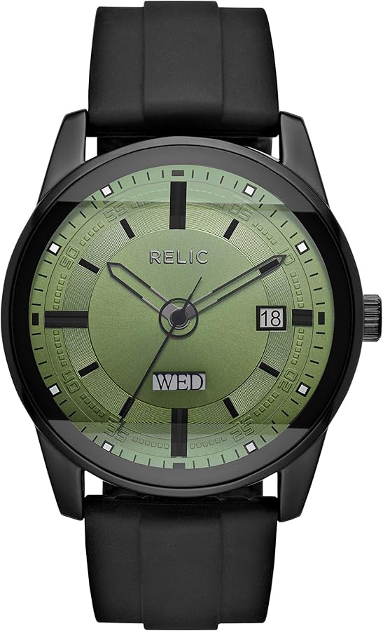 Relic by Fossil Men's Everet Three-Hand Day Date Black Alloy Metal and Black Silicone Band Watch (Model: ZR12227)