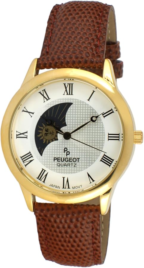 Peugeot Men's 14K Gold Plated Sun Moon Phase Vintage Dress Analog Watch with Leather Strap, Brown