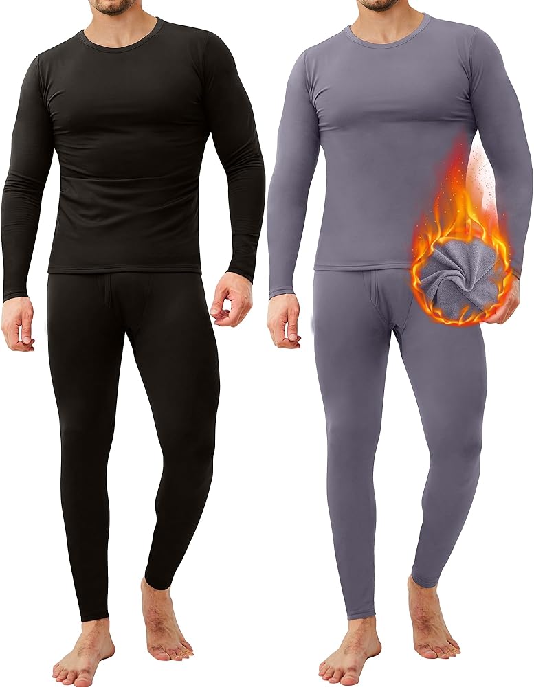 CL convallaria 2 Pack Long Johns Thermal Underwear for Men Soft Fleece Lined Base Layer Cold Weather Set XS-4XL