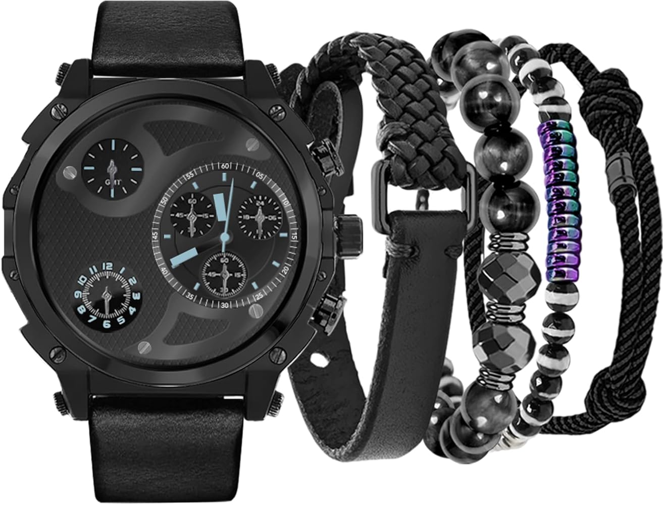 American Exchange Men's Quartz Movement Black Watch with Assorted Stackable Bracelets