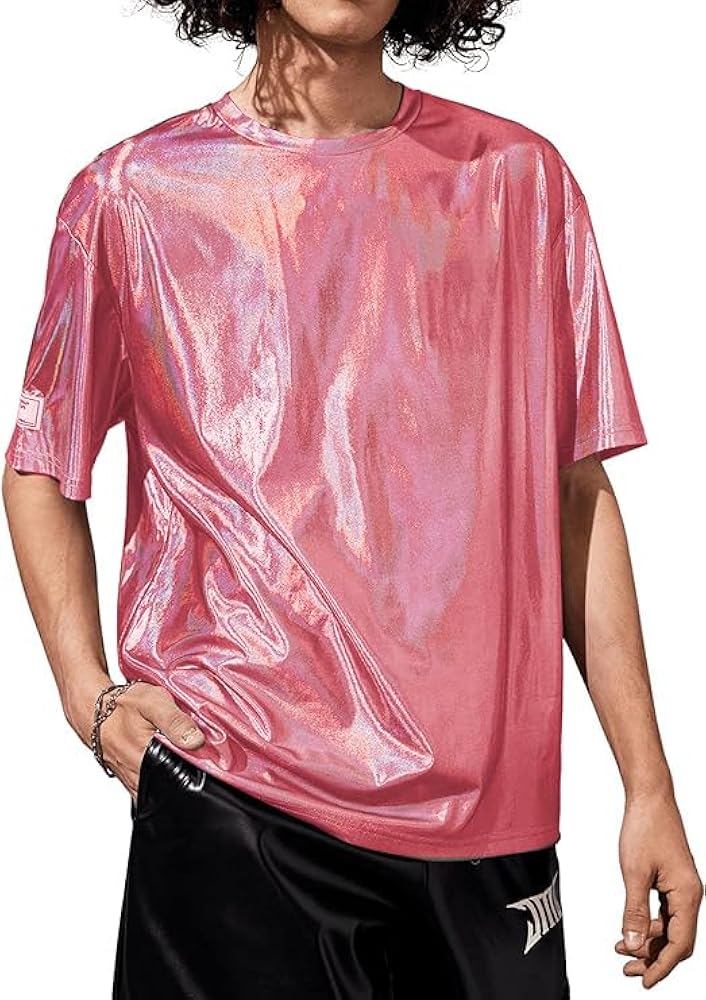 Verdusa Unisex's Short Sleeve T Shirts Metallic Shiny Tee Round Neck Party Disco Club Top