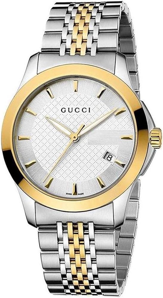 Men Gucci YA126409 Two Tone Stainless Steel Case and Bracelet Silver Dial Date