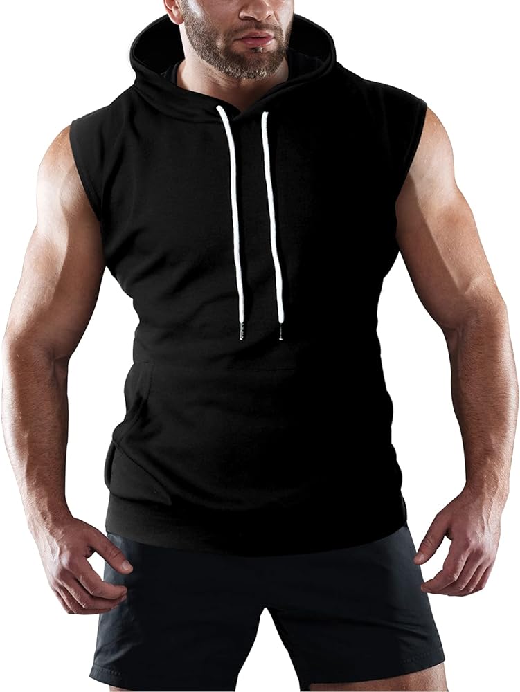 Ohoo Men's Workout Hooded Tank Tops Muscle Cut Off Sleeveless Gym Hoodies