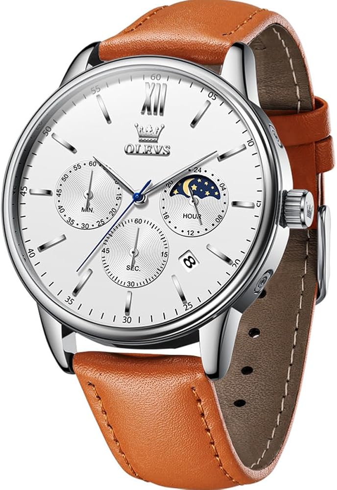 OLEVS Watches for Men Chronograph Big Face Leather Date Calendar Moon Phase Mens Wrist Watch Quartz Analog Luminous Waterproof Dress Men Watch