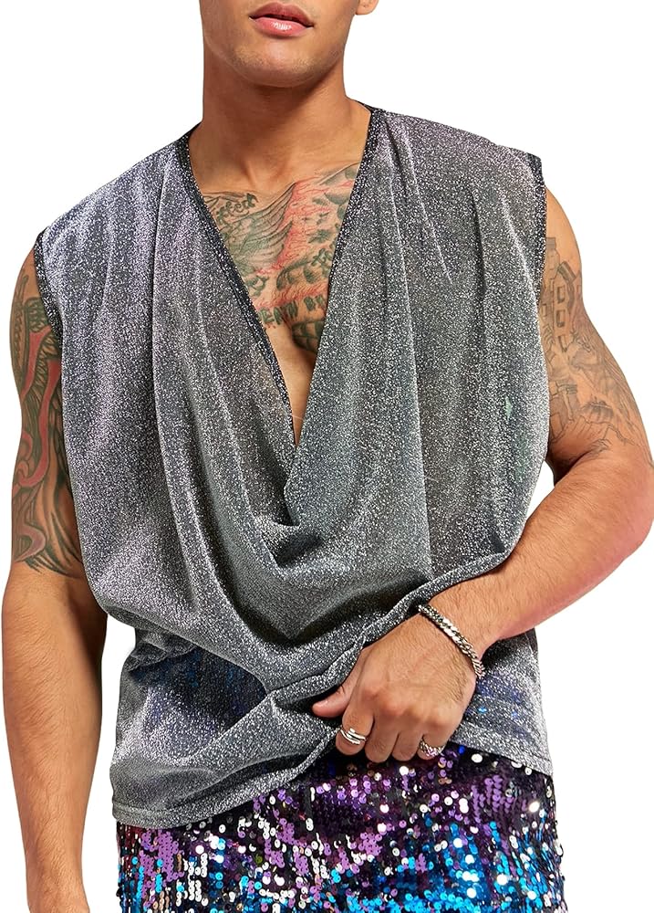 WDIRARA Men's Glitter Draped Collar T Shirts Cowl Neck Sleeveless Tank Top Party Top