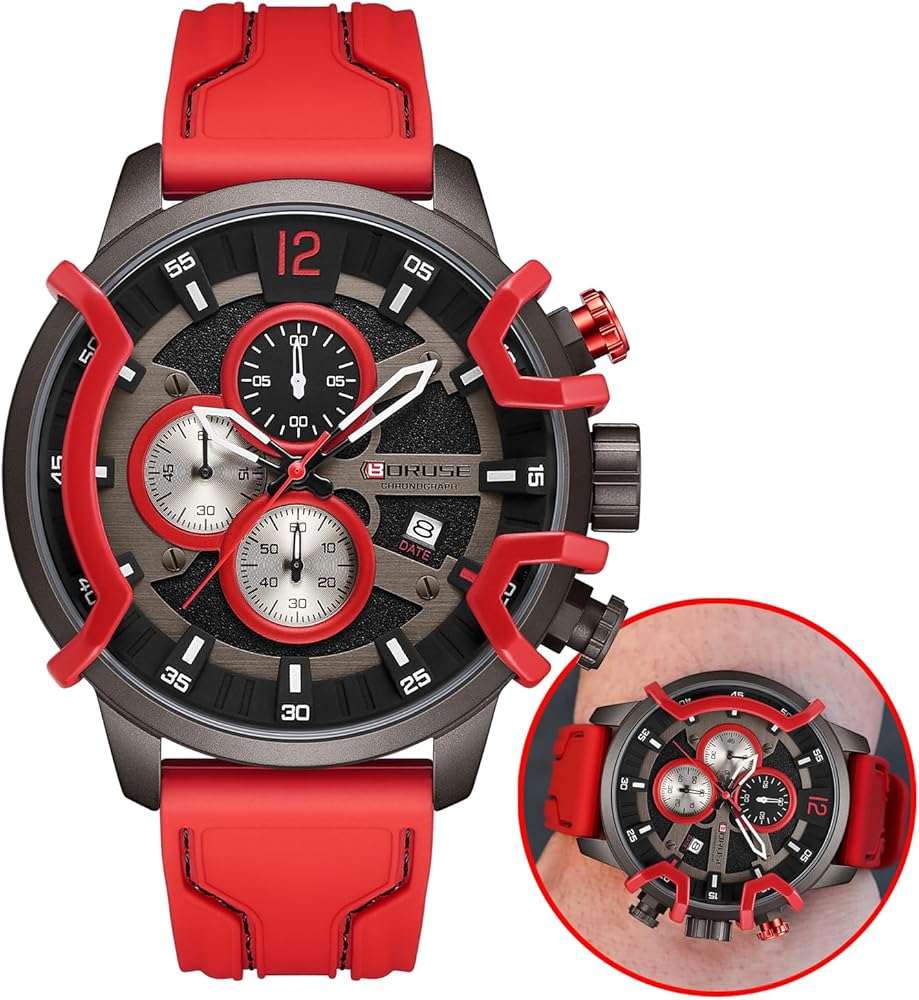 Mens Watches Red Big Face Sport Chronograph Analog Quartz Watch Fashion Military Silicone Strap Waterproof Calendar Wristwatch