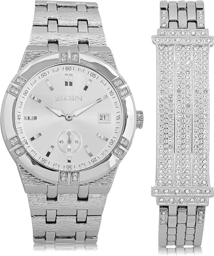 Accutime Elgin Men's Silver-Tone Analog Watch with Crystal Accents (Model FG170010STAZ)