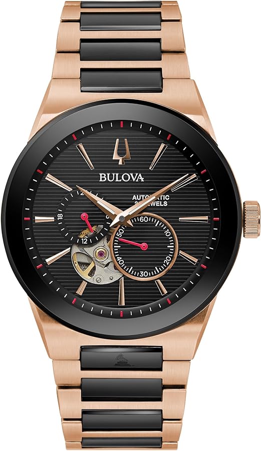 Bulova Latin Grammy Modern Millenia Automatic Two-Tone Stainless Steel Watch,Open Heartbeat Aperture,Exhibition Case Back,Black Dial, (Model:98A236)