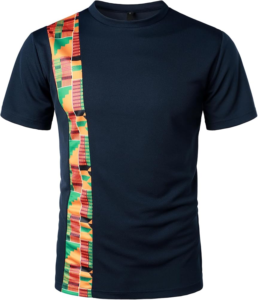 ZEROYAA Men's African Kente Pattern Patchwork T-Shirt Breathable Short Sleeve Dashiki Shirt