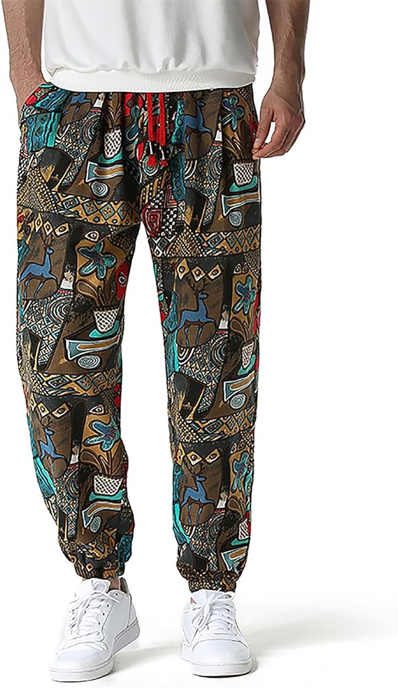 Mens Harem Pants Floral Paisley Print Casual Cotton Streetwear Hippie Yoga Pants