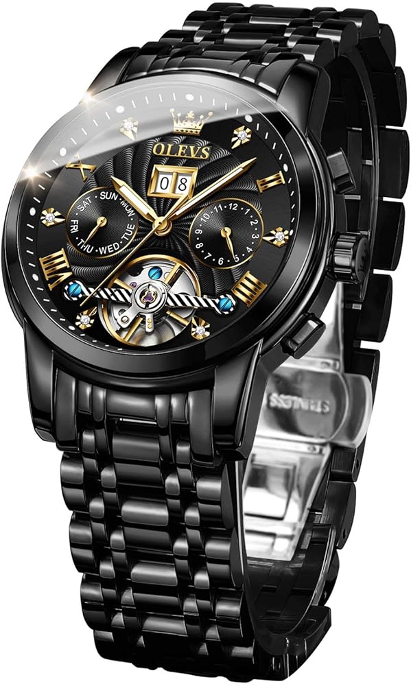 OLEVS Men Automatic Watch Skeleton 5 Hands Mechanical Classic Luxury Multi Calendar Stainless Steel Waterproof Wrist Watch for Men