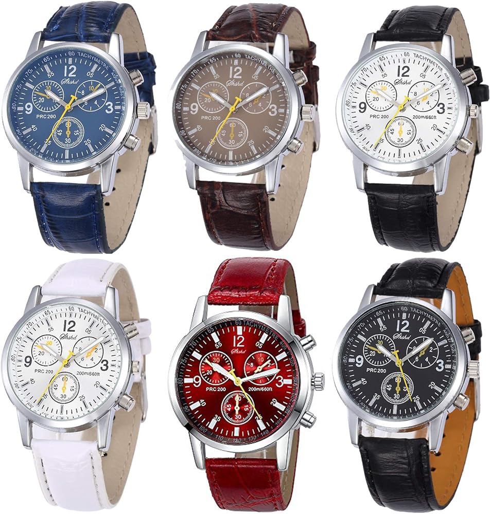 6 Pack Men's Leather Quartz Watch Geneva Boys Casual Dress Wrist Band Watches Wholesale Lots Set