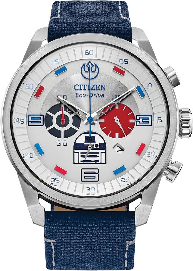 Citizen Men's Eco-Drive Star Wars R2-D2 Chronograph Stainless Steel Watch with Cordura Strap, Silver Dial (Model: CA4219-03W)