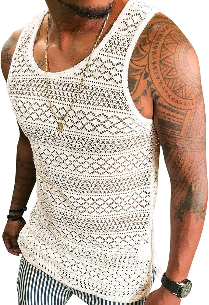 Syktkmx Mens See Through Vest Crewneck Sleeveless Tank Tops Muscle Sexy Mesh Shirts