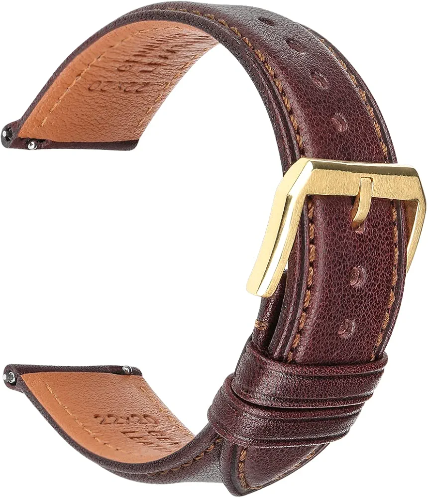 REZERO Leather Watch Band 24mm, Soft Calfskin Watch Straps with Quick Release Watch Pin for Men Women, Dark Brown Band with Gold Buckle