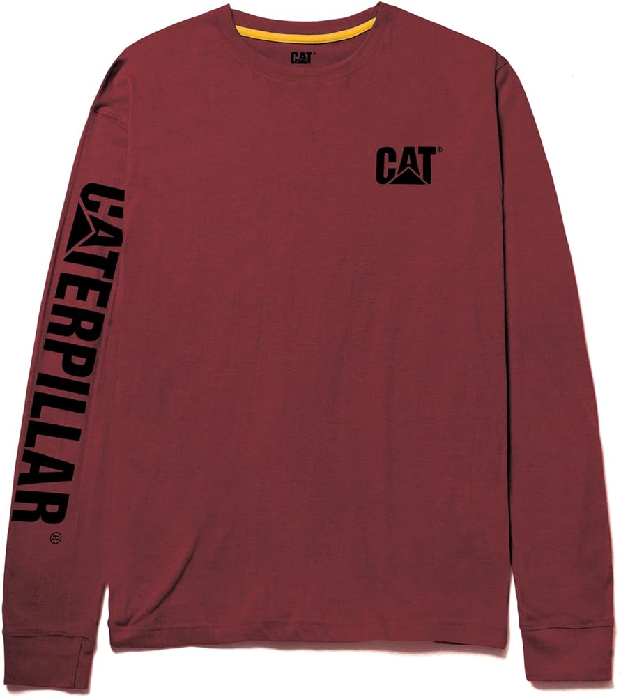 Caterpillar Trademark Banner Long Sleeve Tee Shirts for Men with Center Back Neck Wire Management Loop and Cat Workwear Logo