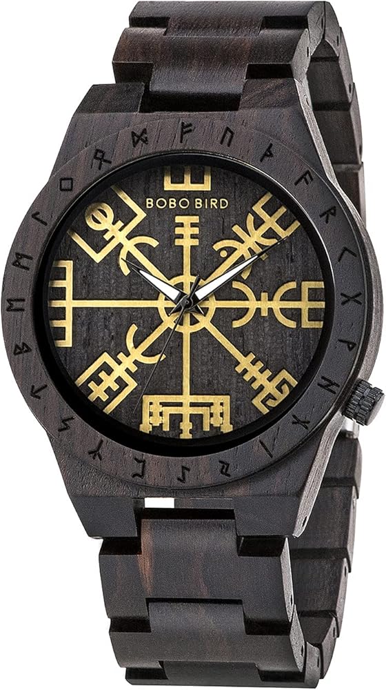 BOBO BIRD Handmade Wooden Mens Watch Unique Runic Circle Watches Golden Symbol of Vegvisir Watches Lightweight Fashion Quartz Wristwatch (Brown Black)