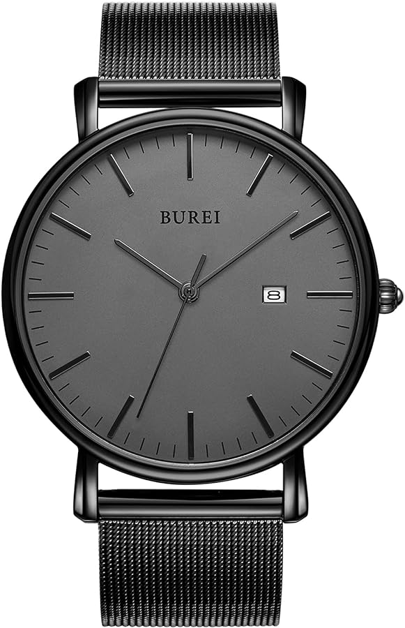 BUREI Men's Fashion Minimalist Wrist Watch Waterproof Watches Simple Ultra Thin Watches Analog Quartz Date with Stainless Steel Mesh Band