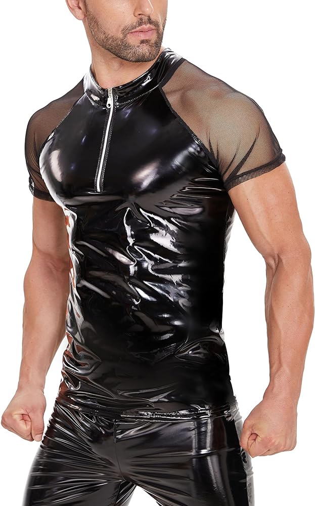 Men Sexy Leather T-Shirt, Plus Size S-5XL, Glossy PVC Leather, Transparent Mesh, Shiny Latex Short Sleeve Coat for Male