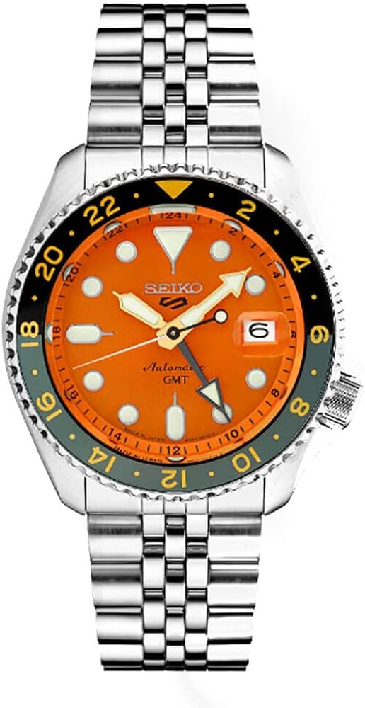 Seiko SSK005 Automatic Watch for Men - 5 -Sports - Orange Dial with Date Calendar and Luminous Hands & Markers and Gray GMT Bezel, 100m Water-Resistant