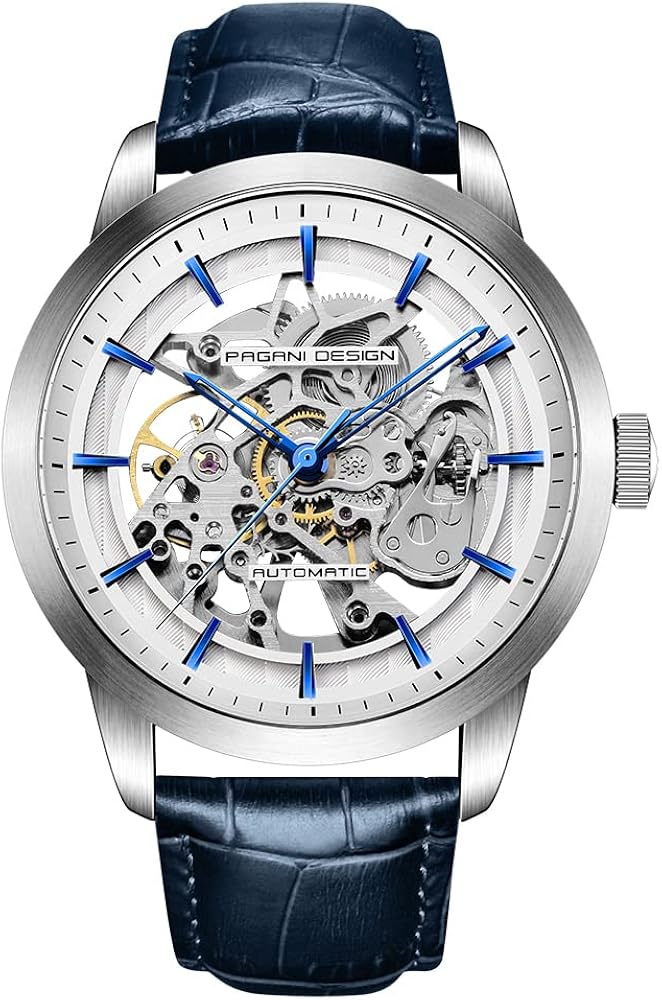 RollsTimi Pagani Design 2024 Men's Automatic Skeleton Watch, self-Winding, Stainless Steel, Leather Strap, Pointer Series, Water Resistant to 100 Meters