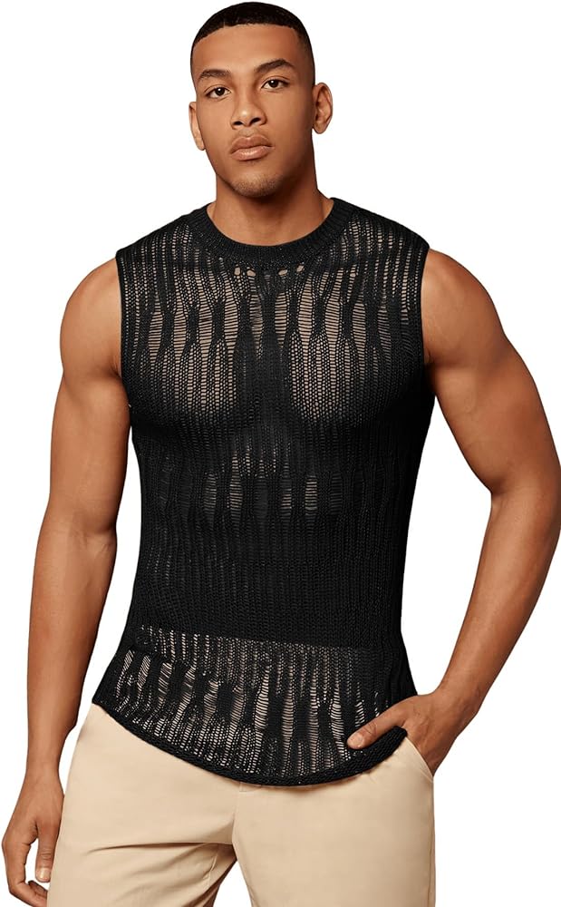 Verdusa Men's Knitted Tank Top Sleeveless Round Neck Pullover Shirt Undershirt