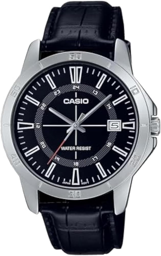 Casio MTP-V004L-1C Men's Stainless Steel Black Leather Band Black 24 Hour Dial Date Watch