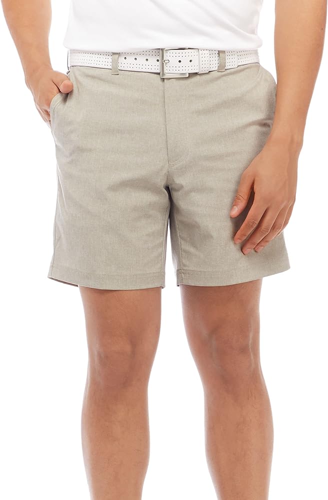 PGA TOUR Men's 7" Flat Front Golf Shorts with Active Waistband, Khaki Heatherr, 42