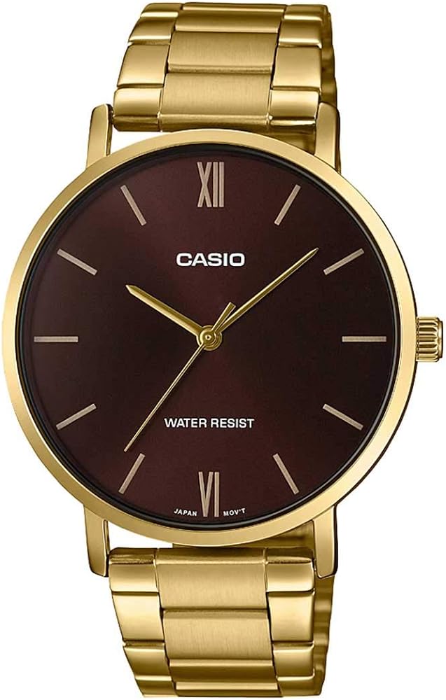 Casio MTP-VT01G-5B Men's Gold Tone Stainless Steel Minimalistic Burgundy Dial 3-Hand Analog Watch