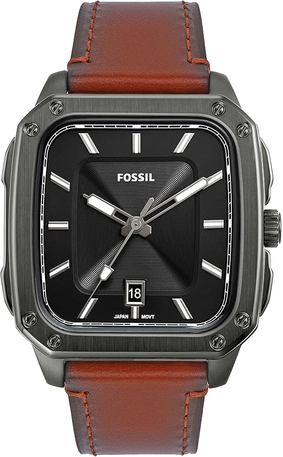 Fossil Inscription Men's Watch with Square Case and Stainless Steel, Silicone or Leather Band