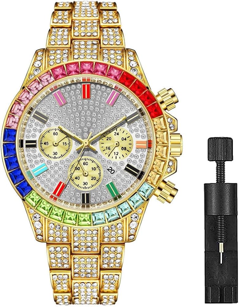 Apzzic Iced Out Colorful Full Diamond Watch CZ Gold Plated Fashion Quartz Analog Band Bracelet Wrist Watch for Men Women Gold