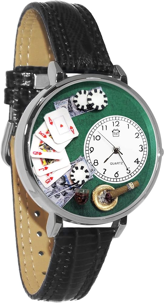 Whimsical Gifts Poker 3D Watch | Gold or Silver Finish Large | Unique Fun Novelty | Handmade in The USA | Black Leather Watch Band