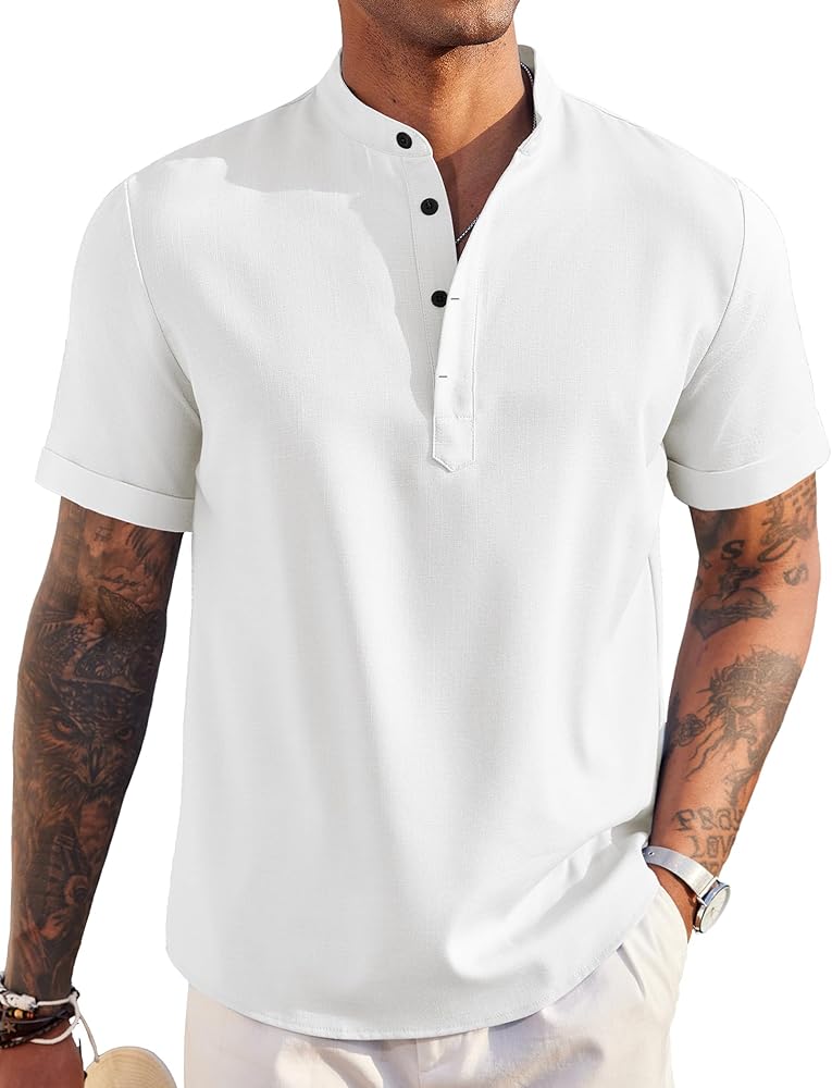 COOFANDY Men's Linen Henley Shirt Short Sleeve Casual Summer Beach Hippie T Shirts