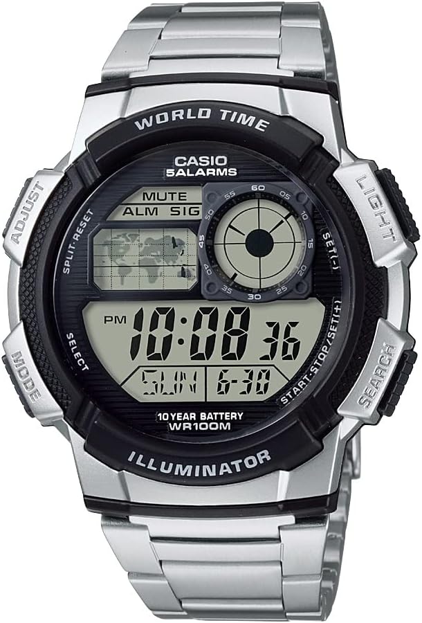 Casio AE1000WD Series | Men’s Digital Watch | Silver | 100M WR | Multi Alarms | 100 SEC Stopwatch | Countdown Timer | World Map for World Time | LED Light | LC Analog Display | 10 Year Battery