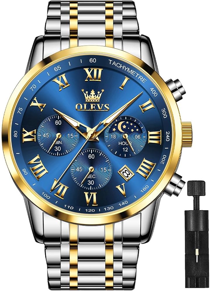 OLEVS Men Skeleton Watches Stainless Steel Analog Quartz Moon Phase Male Watch, Diamond Multi Calendar Chronograph Watch,Waterproof Wrist Watch for Men