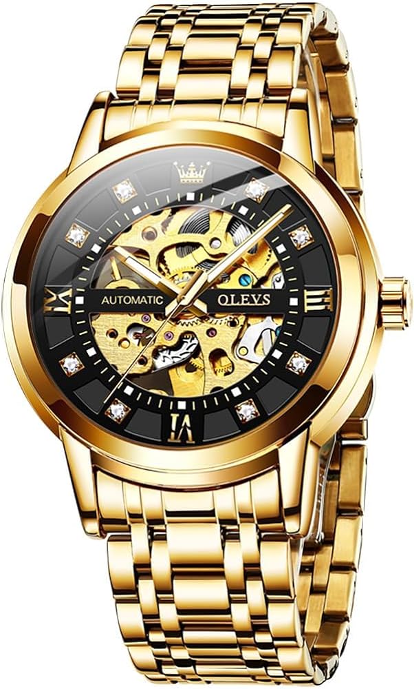 OLEVS Gold Skeleton Men's Automatic Mechanical Watches self Winding Luxury Dress Shiny Diamond Stainless Steel Waterproof Luminous Wrist Watches