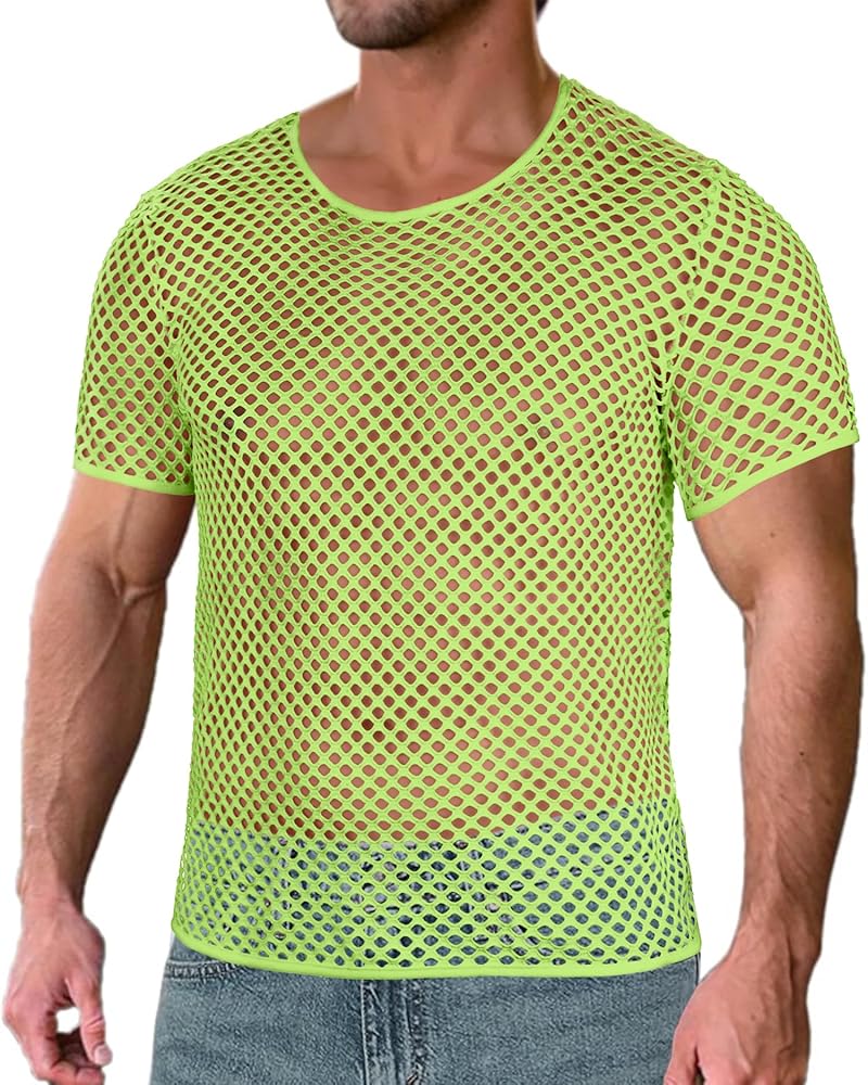 Men's Mesh Fishnet Top Short Sleeve Sheer See Through T Shirt Fitted Muscle Blouse Clubwear