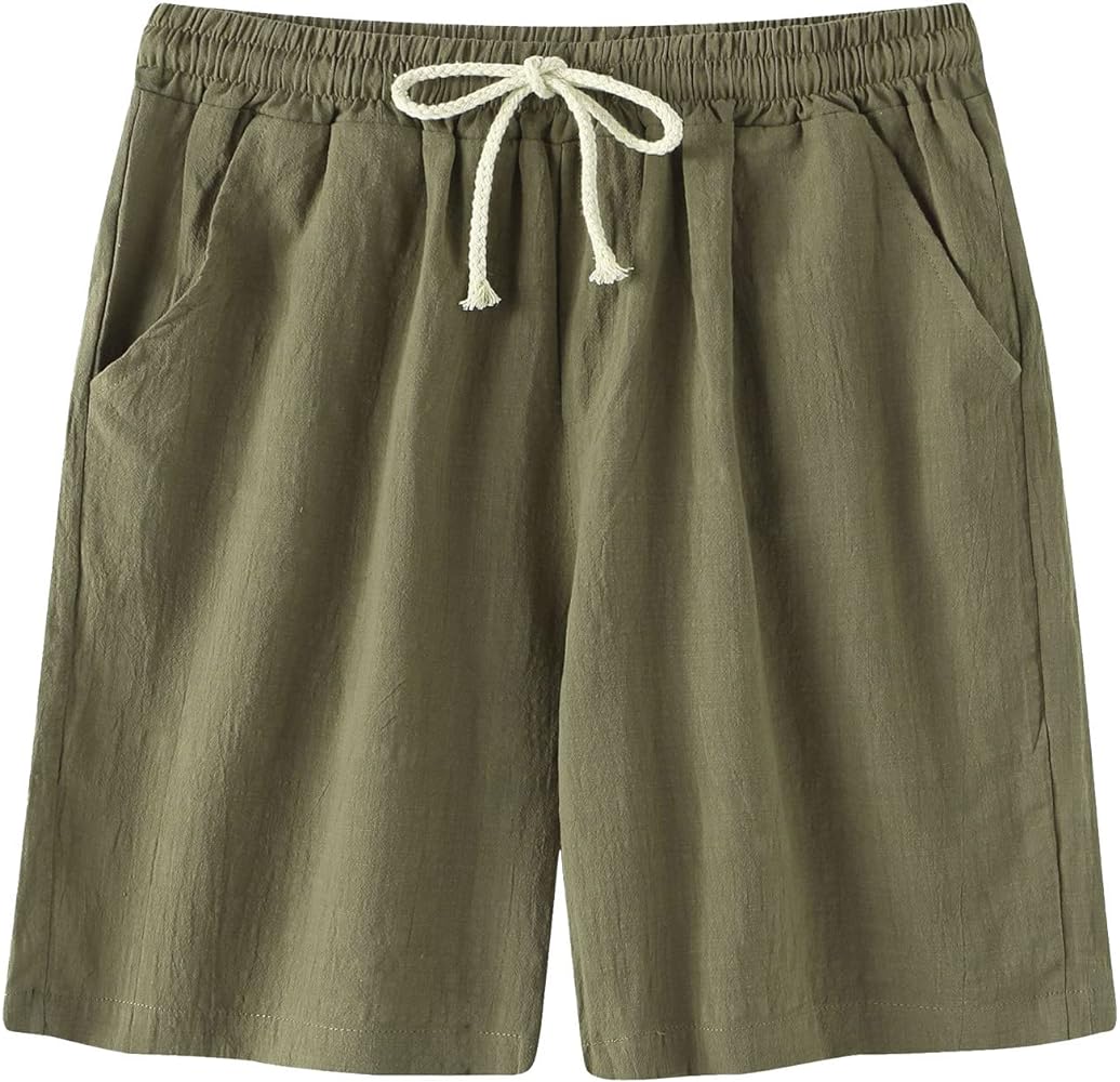 Mens Linen Shorts 5 Inch Inseam Classic-Fit Drawstring Elastic Waist Pleat Front Shorts with Pocket Outdoor Sport