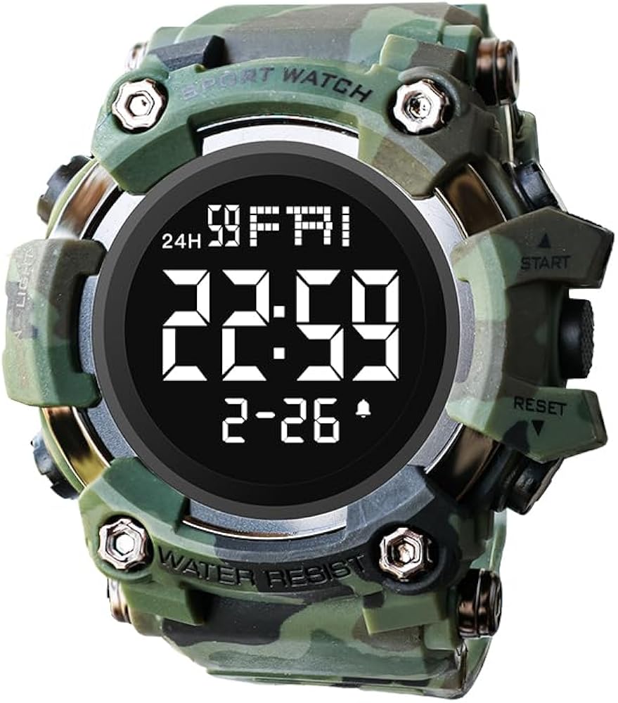 Men Digital Sport Watch Waterproof Stopwatch Countdown Timer Alarm Rubber Strap Wristwatch for Student (Camo Green)